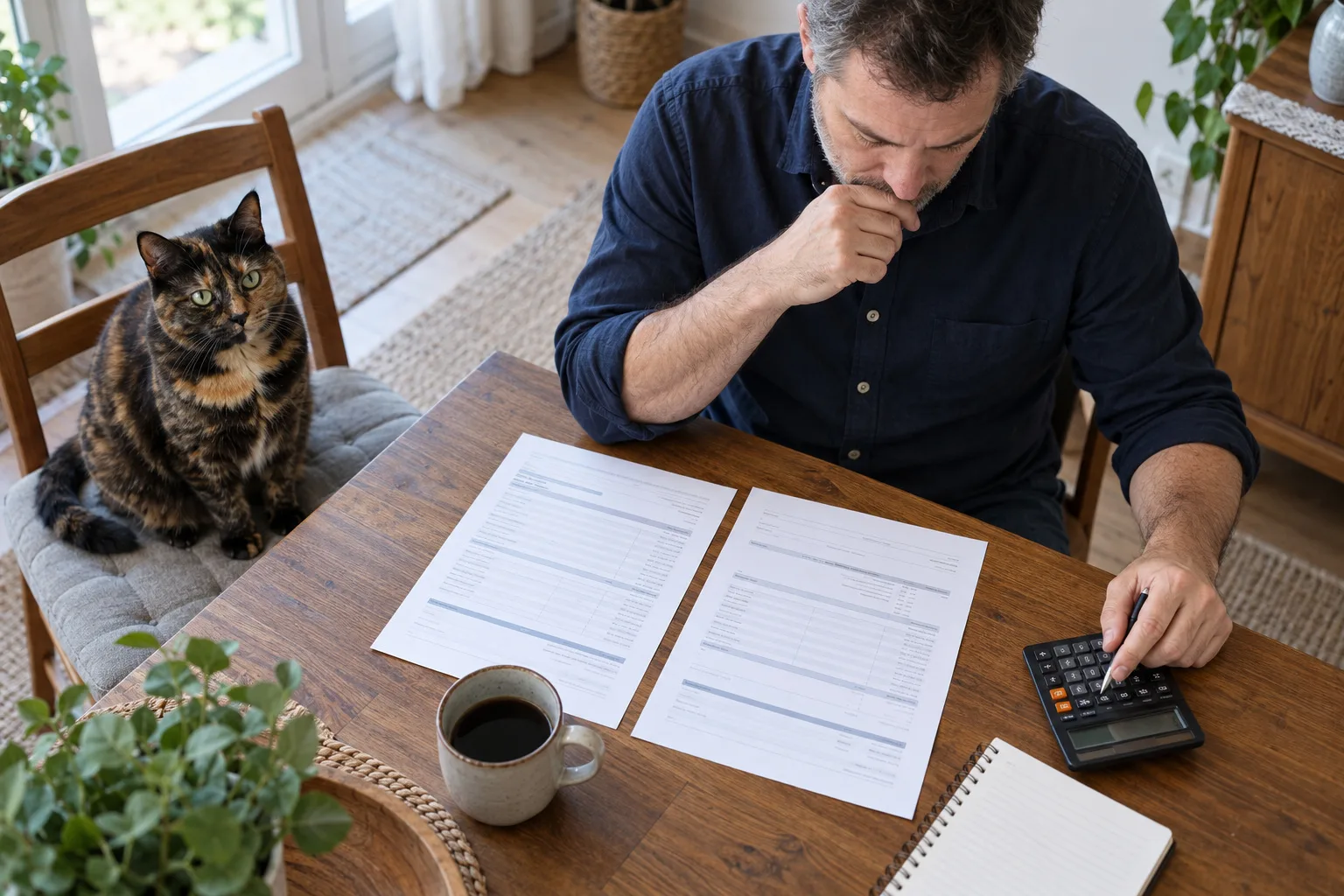 An owner checking veterinary papers and a calculator with a cat nearby