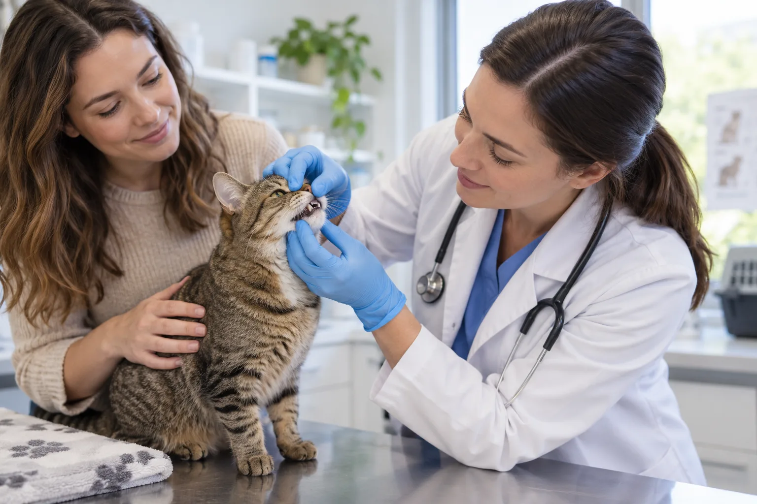 Veterinary professional examining a cat’s mouth with its owner nearby